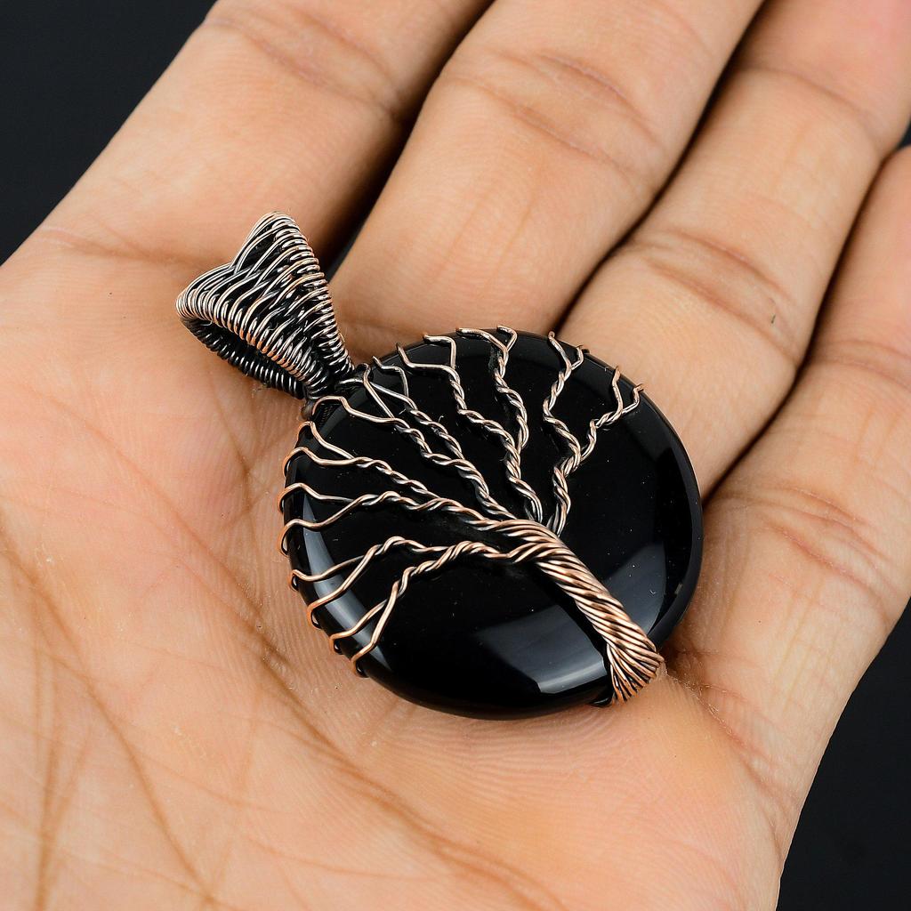 Древо Жизни Черный оникс Драгоценный камень Медная проволока Оберточная подвеска ручной работы Ювелирные изделия для нее