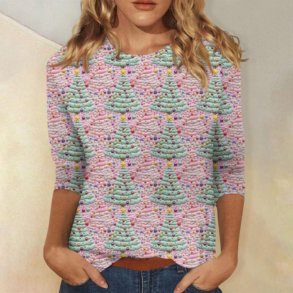 Женская модная повседневная футболка с рукавом три четверти и рождественским принтом, с круглым вырезом