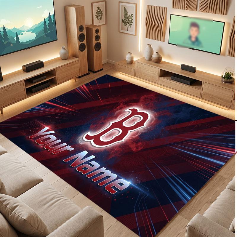 Boston Red Sox Personalized Crystal Velvet Carpet, Customized Name Text Soft Anti‑Slip Rug for Living Room Bedroom