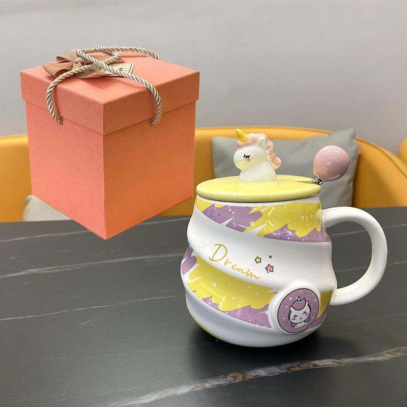 Сувенирная керамическая кружка-термос «Радужный единорог» с крышкой и ложкой, чашка для питья воды для девочки, офисная кофейная чашка