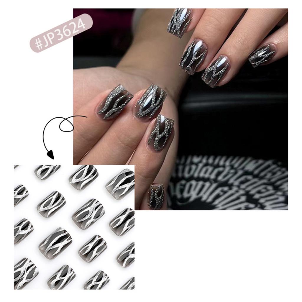 24 шт. квадратных накладных ногтей с черным градиентом, акриловые накладные ногти с блестками, полное покрытие, наклеенные на ногти