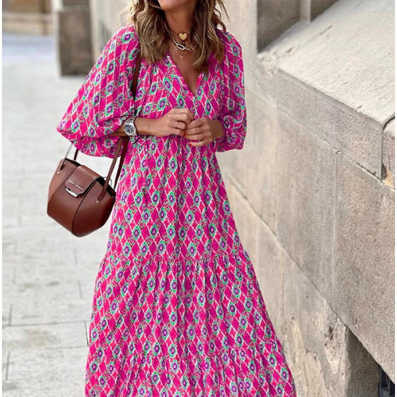 Модный дизайн, женское длинное платье с принтом, свободное платье макси с пышными рукавами в стиле бохо, женская одежда