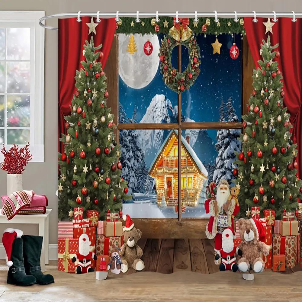 Рождественская вечеринка Занавески для душа Камин Рождественская елка и подарки Снеговик Снежная сцена Моющаяся занавеска для душа Арт Декор для ванной