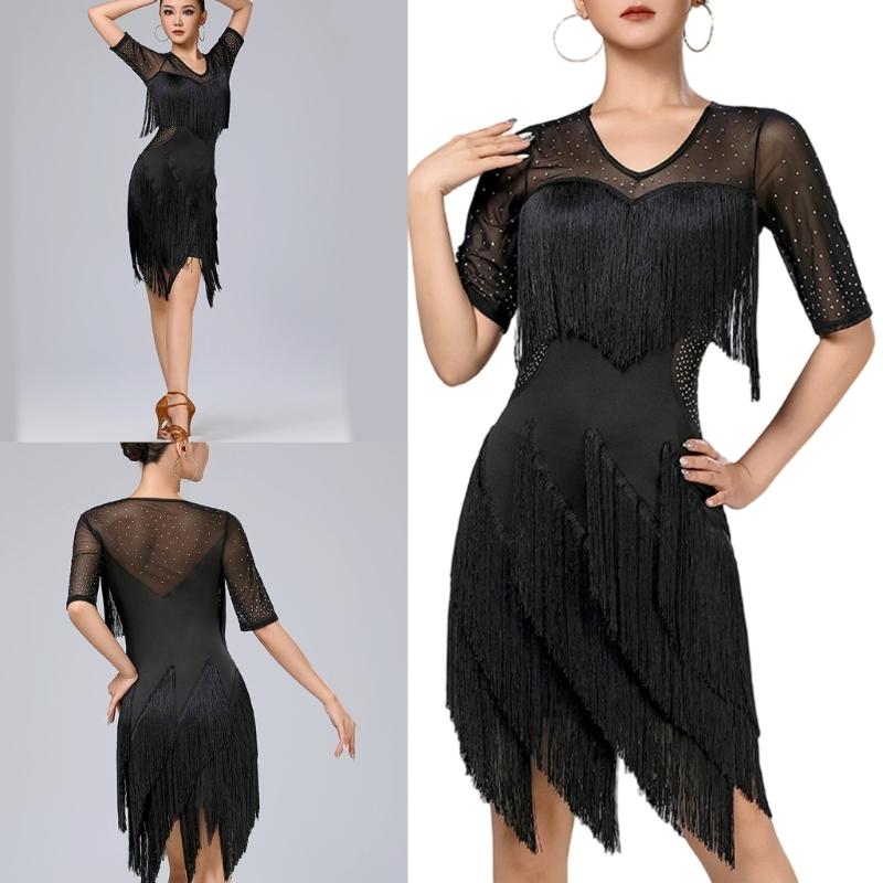 Stage Ready Latin Dance Costume Lightweight Breathable Fabric Sparkling Sequins Flattering Fringe Design