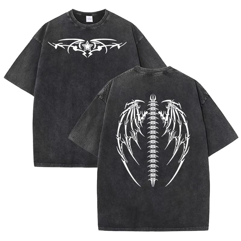 Vintage Washed Demon Spine Wings T?Shirt Distressed Tribal Star Gothic Dark Graphic Print Men Women Short Sleeve Cotton Tee Tops