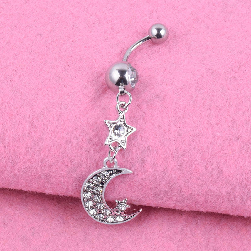 Punk Crystal Moon Dangle Navel Piercing Rings Body 316L Surgical Steel Belly Button Ring Jewelry