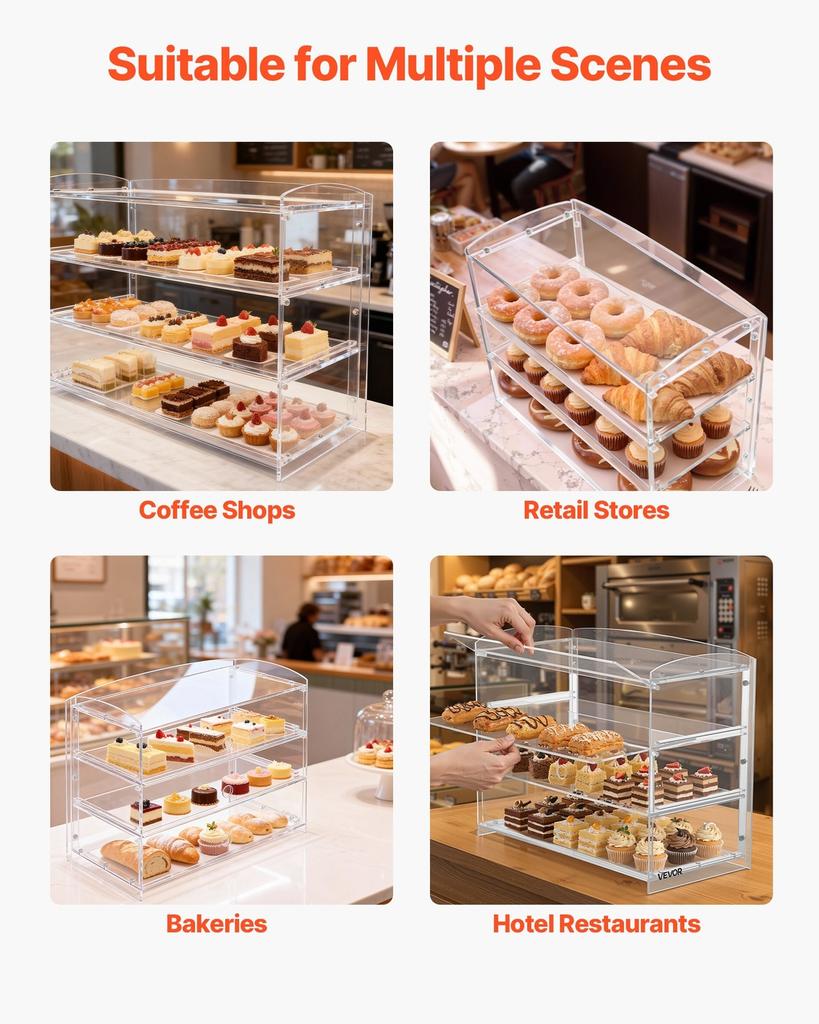 Bakery Display Case, 3-Tier Commercial Countertop Pastry Display Case, Clear Acrylic Bread Box for Kitchen, Party Cake Cabinet with Flip-Up Door for