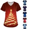 Женская модная футболка с короткими рукавами, V-образным вырезом и маленькими карманами с рождественским принтом