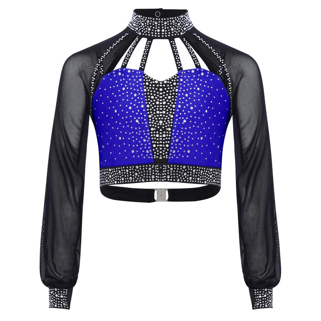 Топ для танцевальных выступлений для девочек, дизайн колор-блок, воротник-стойка, прозрачные сетчатые рукава, вырез на спине, укороченный топ со стразами
