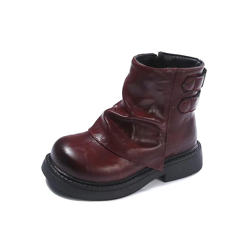 2024 Детские короткие ботинки для девочек осень-зима Новые модные мягкие удобные нескользящие повседневные кожаные туфли в британском стиле