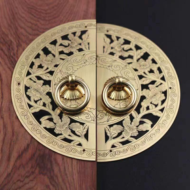 Chinese Antique Copper Cabinet Handle Shoees Wardrobe Door Brass Retro Furniture Knob Engraved Round Handles Door Decoration