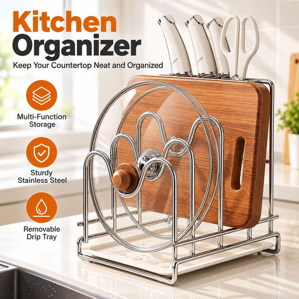 Stainless Steel Kitchen Storage Rack M-Shaped Slots Cutting Board Rack Kitchen Countertop