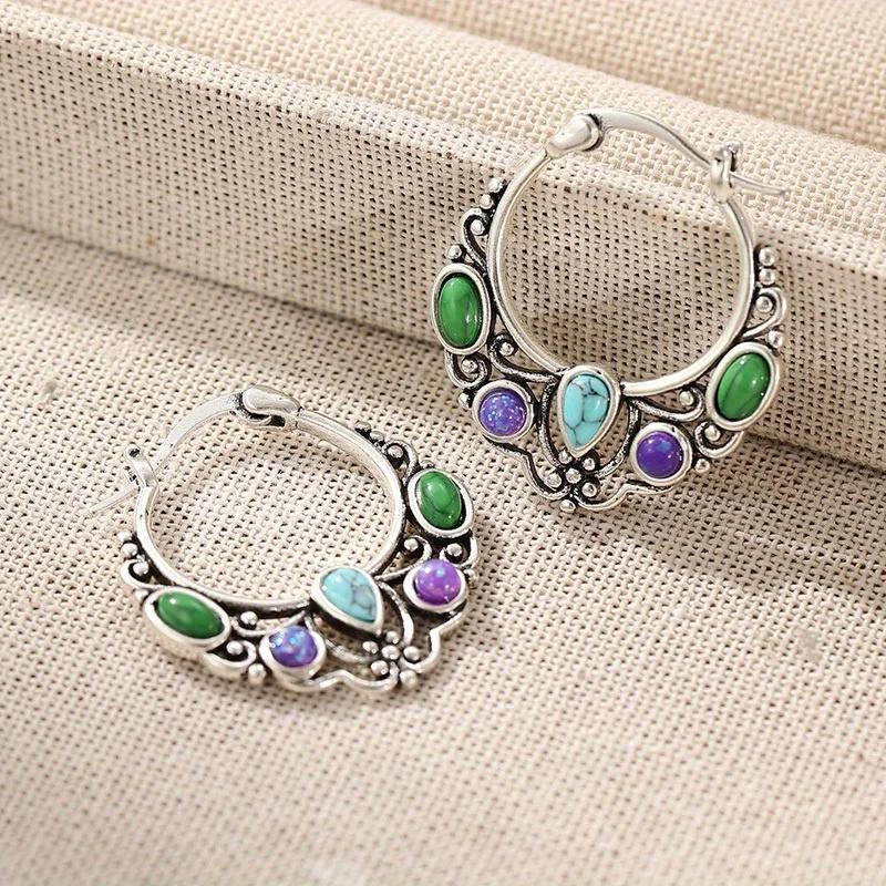 Серьги-кольца в богемном стиле с инкрустацией синтетической бирюзой, женские, винтажные, с серебристым покрытием, для банкета, праздничные, ювелирные аксессуары