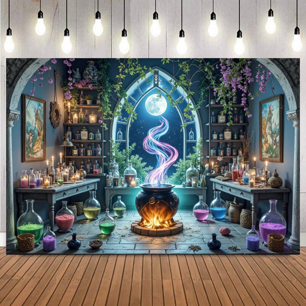 Halloween Theme Photography Background Full Moon Magic Potions Witch Kids Family Party Deco Banner Supplies Photo Backdrop9