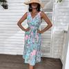 Женские винтажные повседневные платья в богемном стиле на лето и весну с цветочным принтом без рукавов и v-образным вырезом с высокой талией