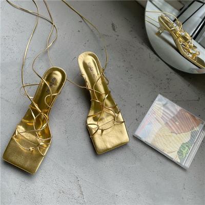 2024 Модные женские сандалии на тонком низком каблуке со шнуровкой в римском стиле, летние гладиаторские повседневные сандалии с узкими ремешками, большой размер 445