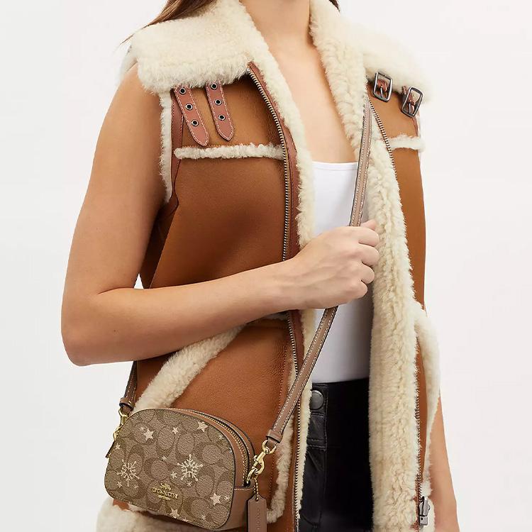 Coach Serena 17 Star Snowflake Print Classic Monogram Zip Closure Canvas And Leather Crossbody Bag Small Women Crossbody Bag Khaki Gold CN709-IMWD9
