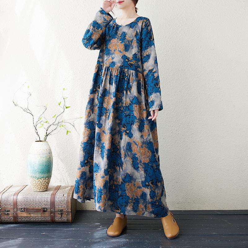 Осеннее хлопковое конопляное платье с круглым вырезом, свободного размера, с длинным рукавом, для женщин, винтажные платья в стиле бохо