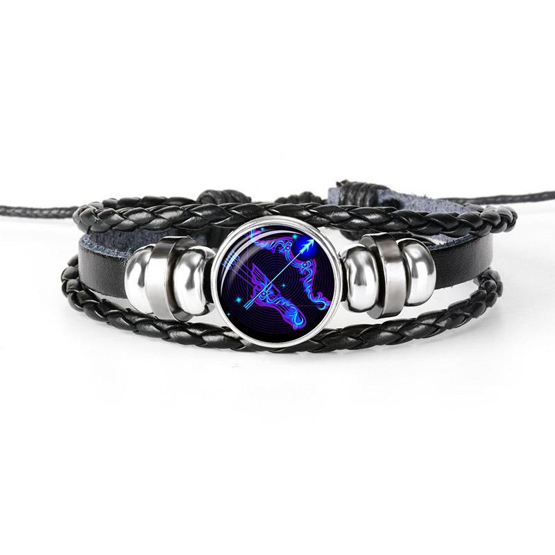 Night Light Up Zodiac Sign Braided Leather Bracelet for Men Women - 12 Constellation Horoscope Adjustable Wristband