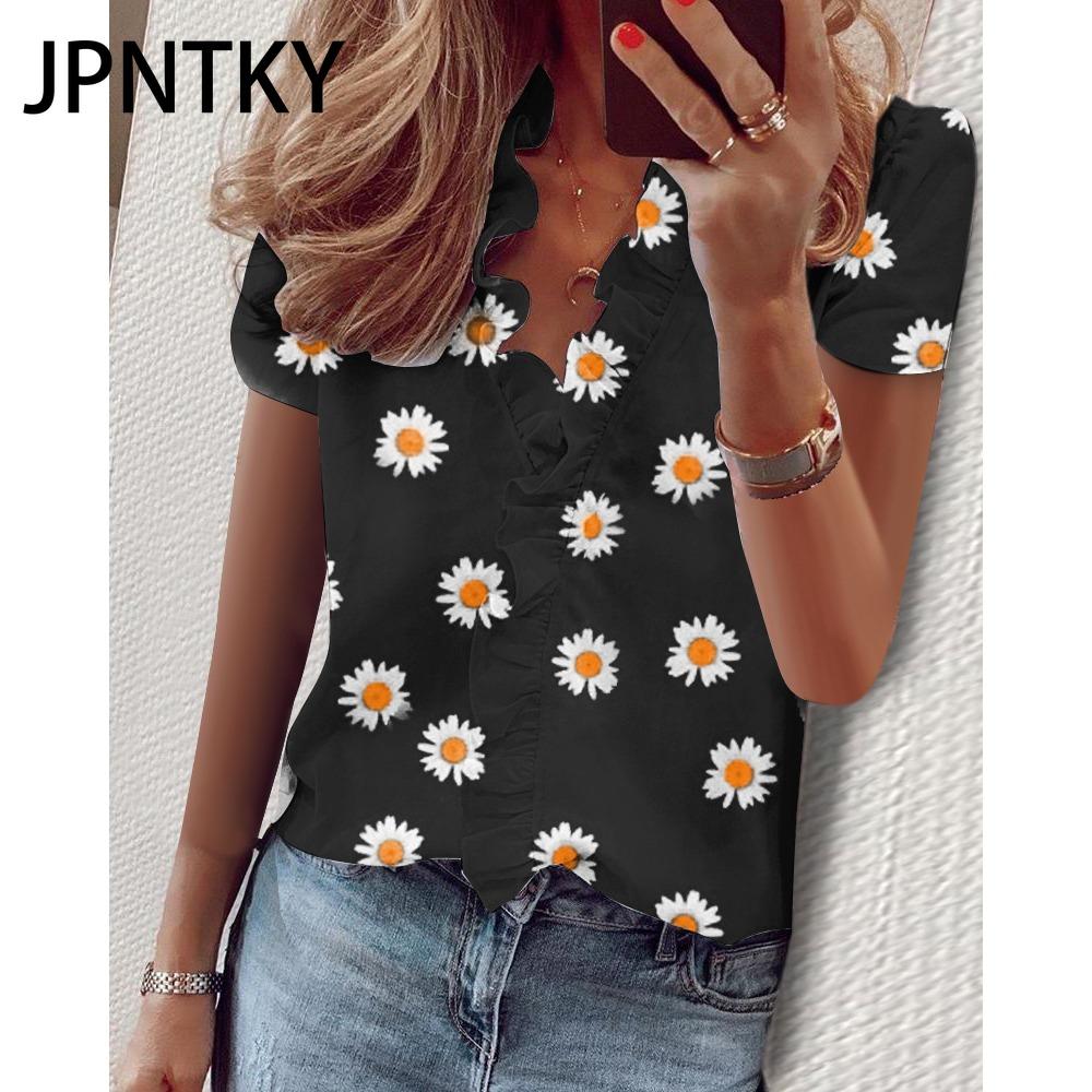 JPNTKY Women's Fashion Casual Summer Spring Floral Print Short Sleeve V-Neck Blouses & Shirts