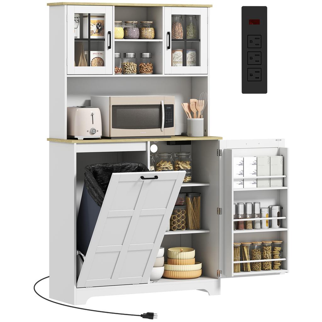 175cm Tall Kitchen Cabinet, Kitchen Cupboard with Rubbish Bin Cabinet, 3 Door Shelves and 2 Acrylic Doors, White