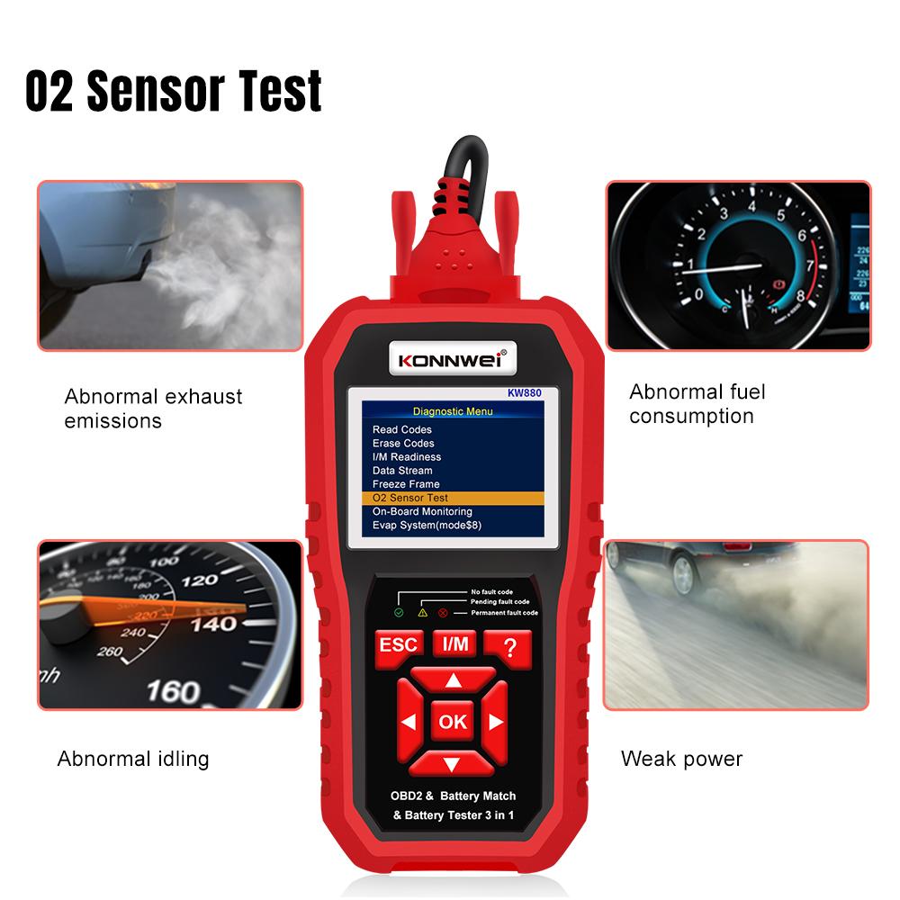 KONNWEI KW880 12 В автомобильный тестер-анализатор аккумулятора, автоматический диагностический инструмент, 3 в 1 автомобильный сканер OBD2, считыватель кодов