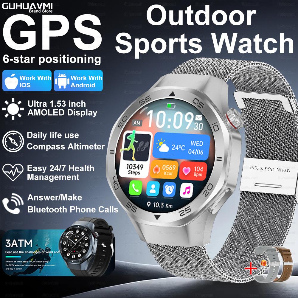 Новые умные часы с GPS-позиционированием для мужчин, 1,53-дюймовый AMOLED HD-экран, компас, датчик сердечного ритма, водонепроницаемость 3ATM, звонки, спортивные, деловые умные часы
