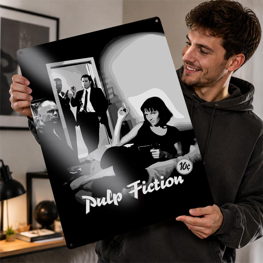 Pulp Fiction Black and White D Printed Texture Poster Personalized Wall Art Retro Metal Tin Signs for Room Decor Wand Deko Home