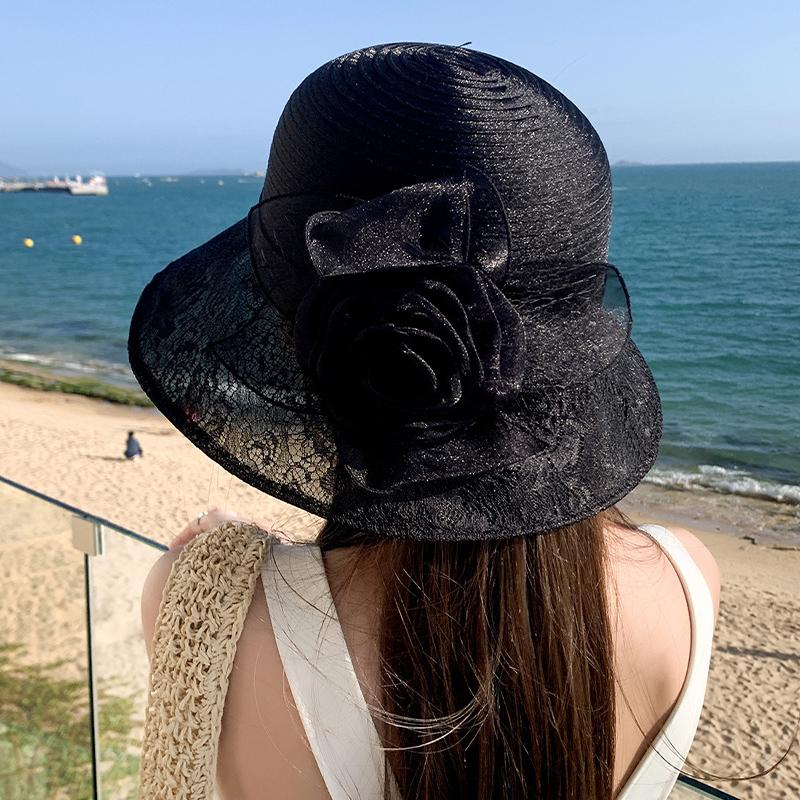2025 Летняя женская элегантная шляпа из органзы с цветочным узором для бассейна, защита от солнца для путешествий, крутая шляпа рыбака