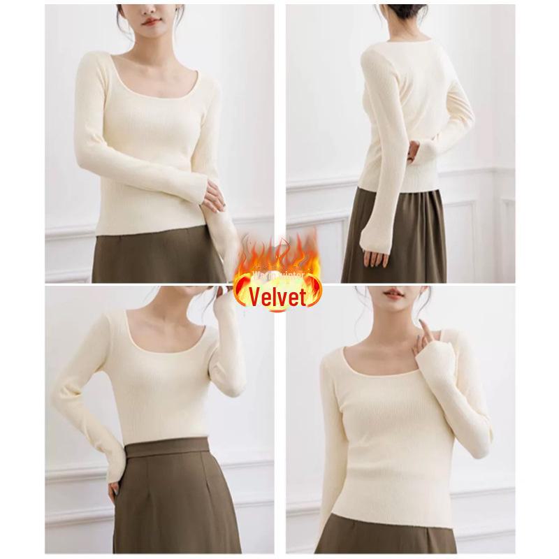 "Женский вязаный свитер с квадратным вырезом": Длинный рукав, плюс бархат, однотонный, на осень и зиму.