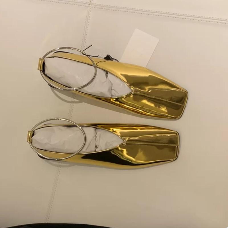 Single-Shoe Women'S Spring 2025 Golden Circular Square Toe Ballet Shoes Shallow Mouth Grandma Shoes Low Heels And Comfortable