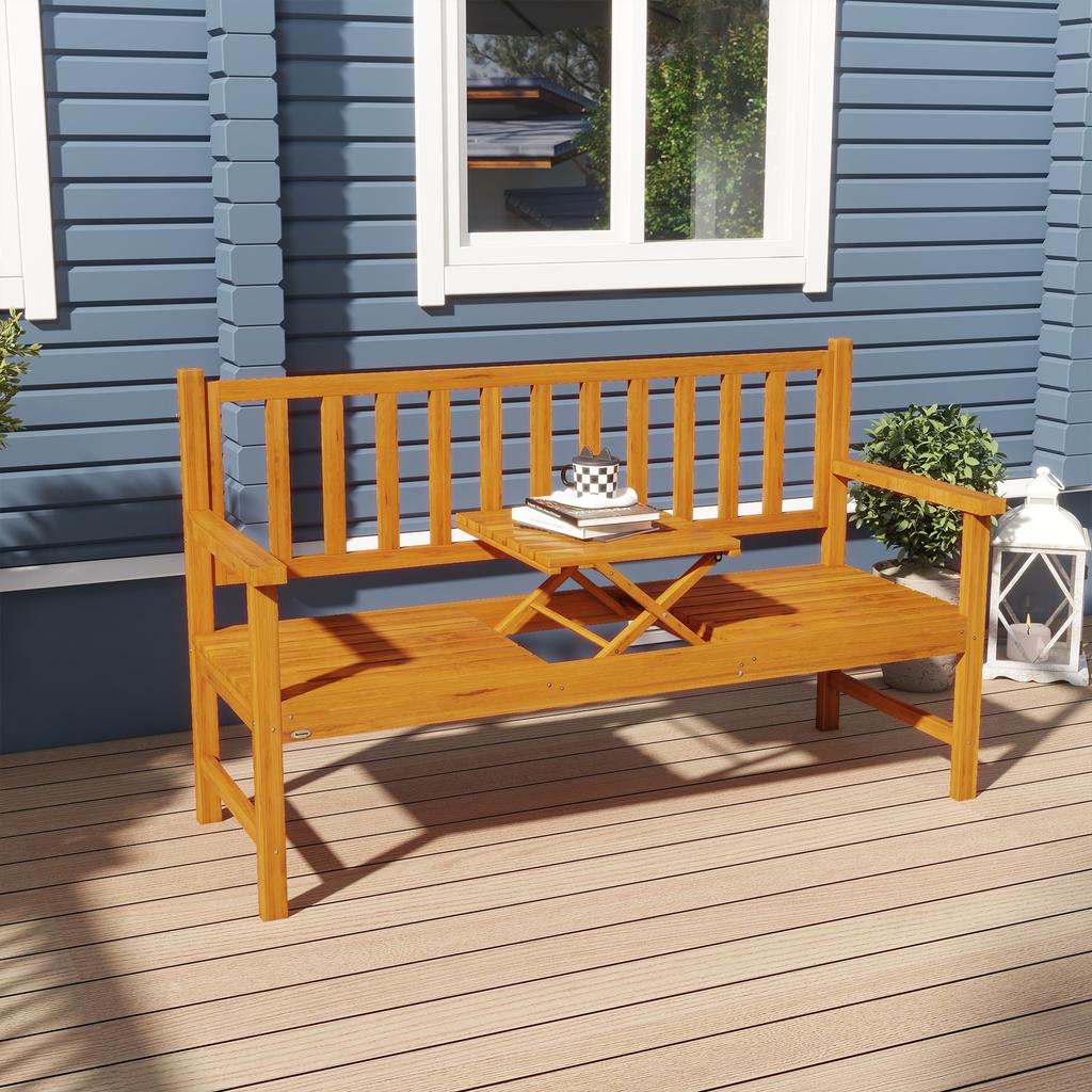 Wooden Bench with Liftable Middle Table, Outdoor Bench, Patio Loveseat for Porch, Garden, Seats 2-3 People