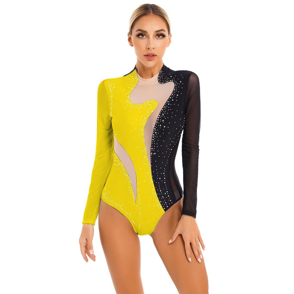 Womens Color Block Patchwork Leotard Sparkling Rhinestone Sheer Mesh Long Sleeve Bodysuit for Gymnastics Acrobatics Dance
