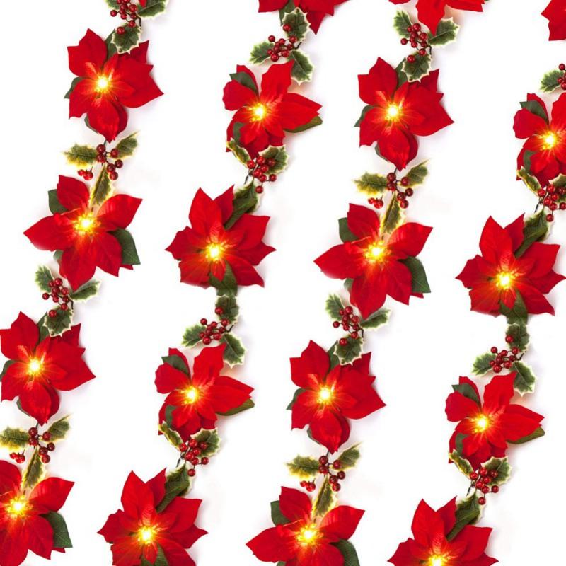 2m 10LED Christmas Poinsettia Flowers Decorations Garland String Lights with Red Berries Leaves Xmas Tree Ornaments