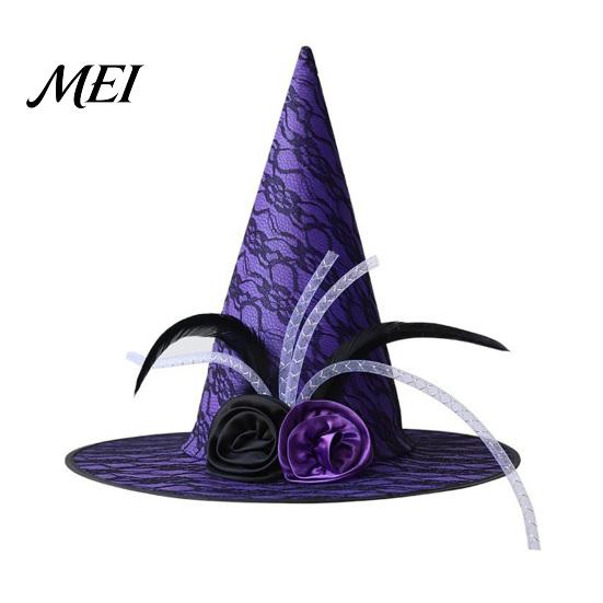 Fashionable Theme Event Hat Halloween Star Witch Hat, Mesh Veil Rose Feather Cone Black Costume Headwear for Women, Gothic Party Headwear, Adult