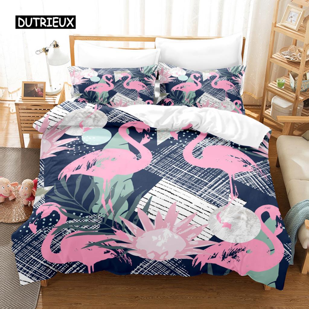 Комплект постельного белья с изображением фламинго, тропическое животное, комплект постельного белья с изображением листьев пальмы, полиэстер, тема природы, королевское одеяло, покрывало