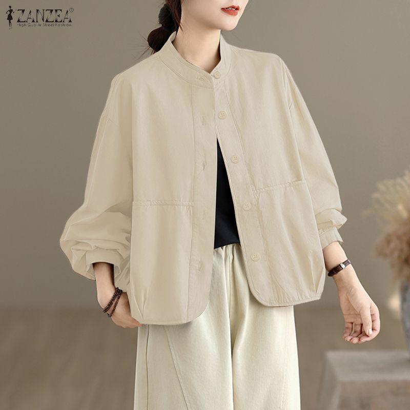 ZANZEA Женская повседневная блузка с воротником-стойкой и длинным рукавом