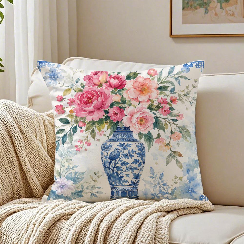 GingerJarChinoisereblueWhiteFloral Pillow Case Breathable Organic Short Plush Cushion Covers WrinkleResistant Soft Durable