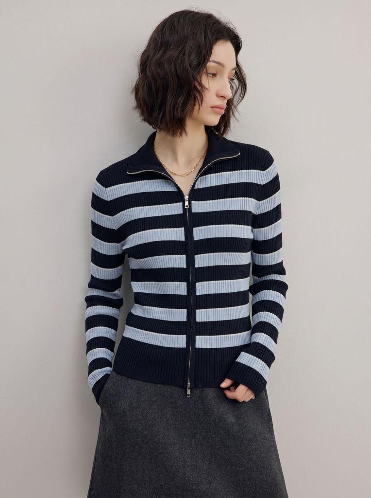 Women's High-Neck Striped Wool Cardigan: Slimming Zipper Sweater for Autumn & Winter, Premium Quality.