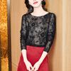 Spring New Mesh Sexy Base Shirt for Women with Elegant Mother Round Neck Pullover Long Sleeve T-shirt Top