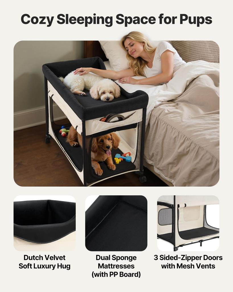 VEVOR Elevated Lounge Pet Bed, Foldable Bunk Dog Bed with 600D Oxford Cloth and Dutch Velvet, Portable Raised Cot with Wheels, Side Storage Bags