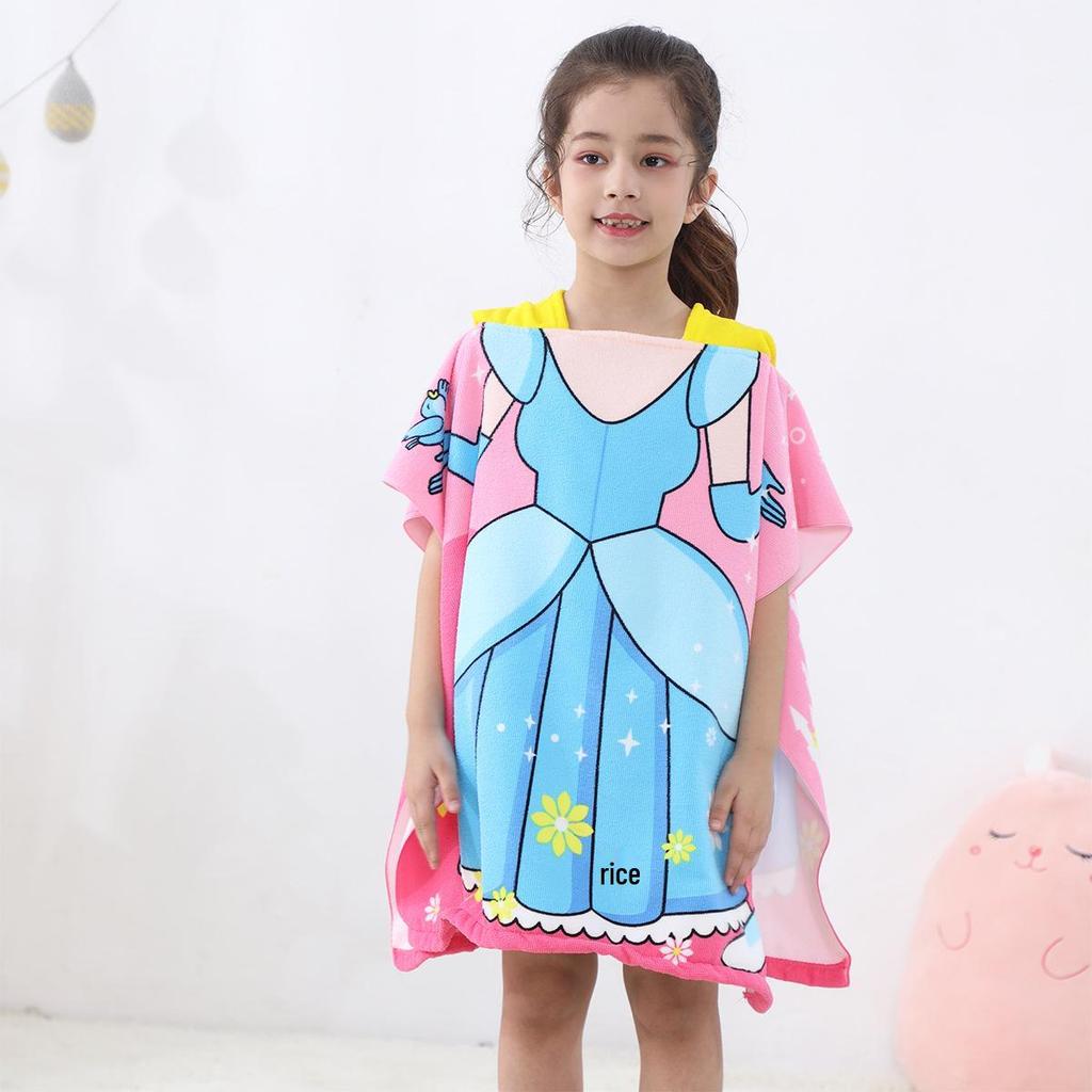 Ultra-Fine Fiber Cartoon Print Kids' Hooded Bath Towel Poncho
