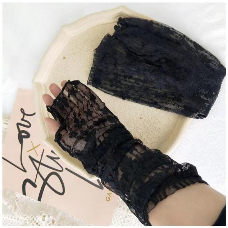 Long Lace Hollow-Out Fingerless Gloves Women Summer Anti-UV Sleeves Mesh Breathable Ice Silk Mittens Oversleeve Driving Cycling