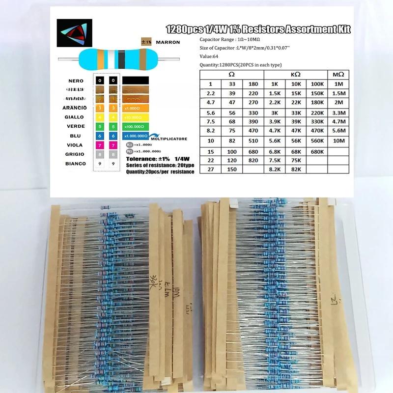 64 вида сопротивления 1280PCS 1ohm-10Mohm металлопленочный резистор резистор комплект 1280