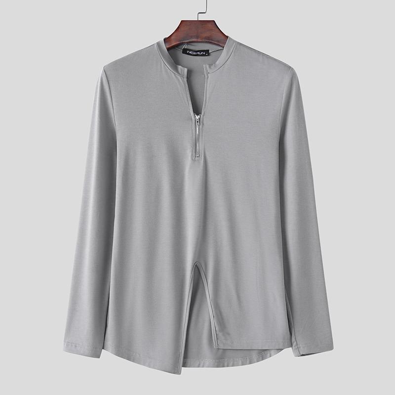 INCERUN Мужские футболки с длинным рукавом и застежкой-молнией, асимметричные, с разрезами, топы