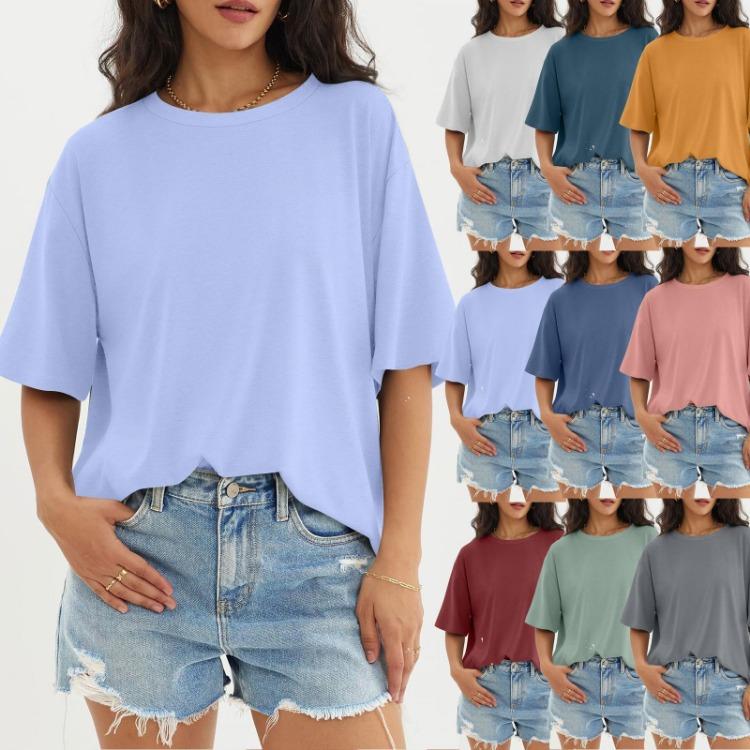 Solid Color Round Neck Top Women Casual Three Half Sleeve Fashionable