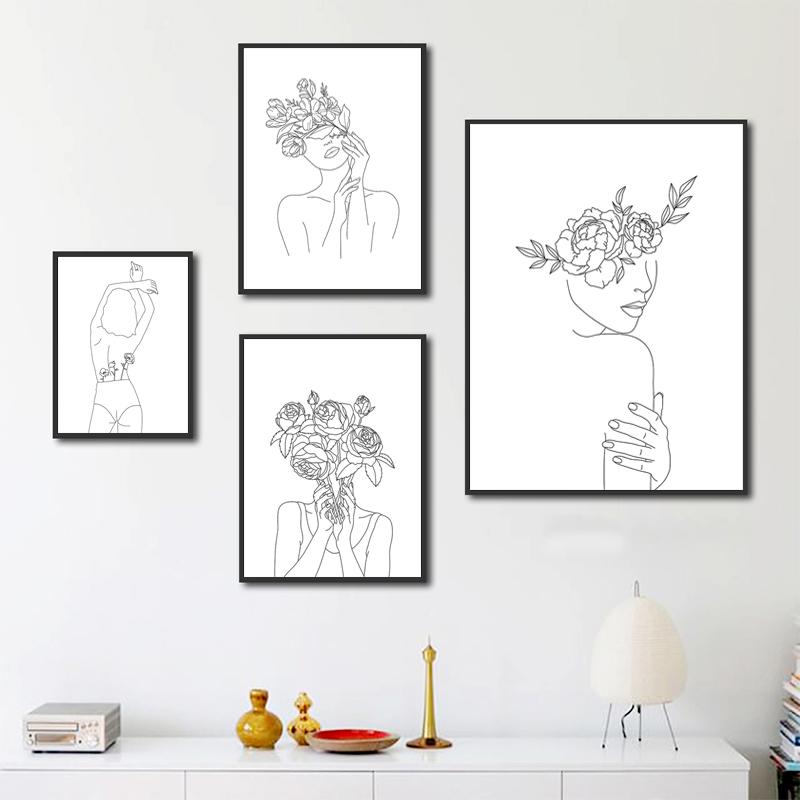 Черно-белые сексуальные женские настенные художественные печати, абстрактные простые линии, холст, живопись, цветочные постеры, фотографии для домашнего декора