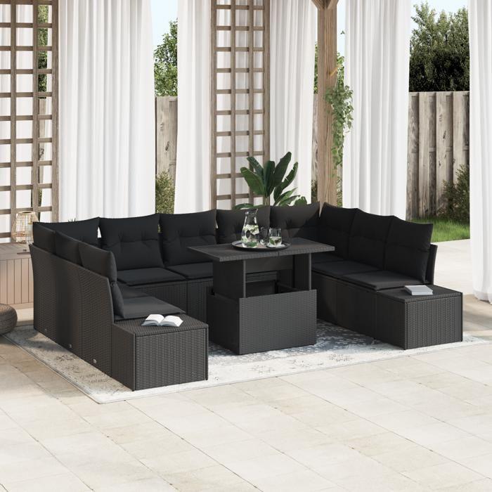 VidaXL Ensemble de canapé de jardin 10 pièces avec coussins en poly rattan noir 3349249