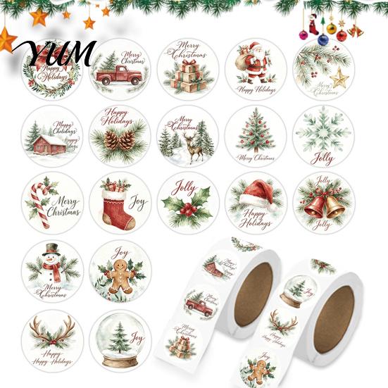 Continuous Roll Sealing Decals Christmas Round Stickers, Nordic Style Watercolor Decorative Labels, Self Adhesive Xmas Holiday Envelope for