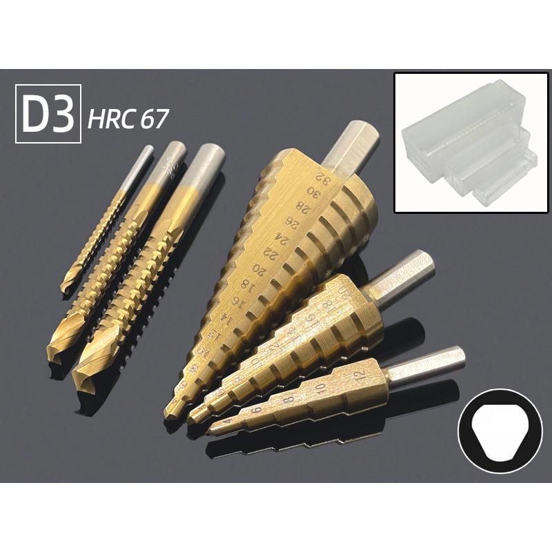 6Pcs HSS Steel Titanium Step Drill Bit Set 4-12/20/32mm Metal Hole Cutter Wood Cone Core Drilling Hole Saw Tool+3,6,8 Saw Drill